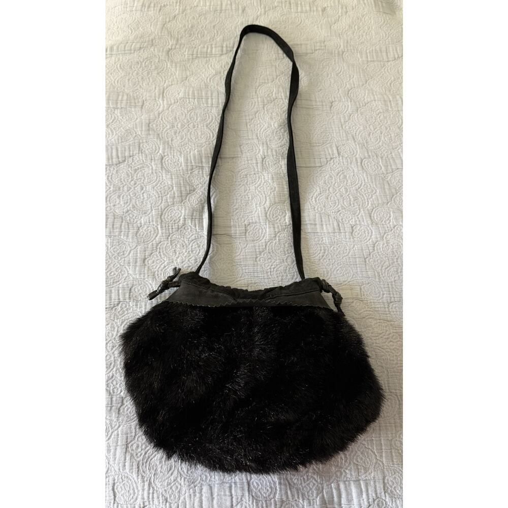 VTG 00s Y2K Dennis Basso Faux Fur Shoulder Crossbody Bucket Bag Leather Black